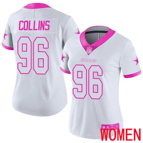 Women Dallas Cowboys Limited White Pink Maliek Collins #96 Rush Fashion NFL Jersey